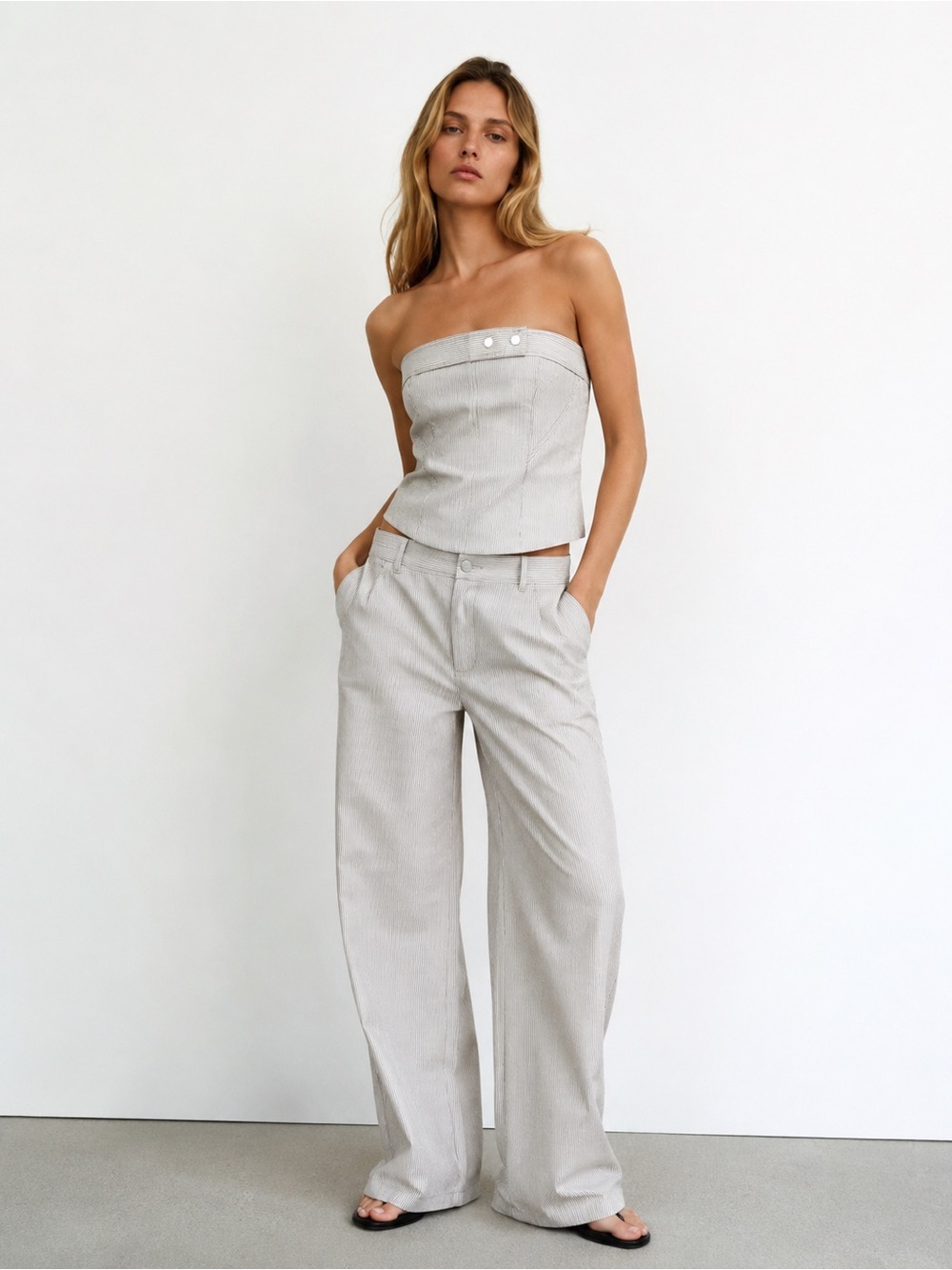 Zara Light Brown Gray Pinstripe Strapless Top